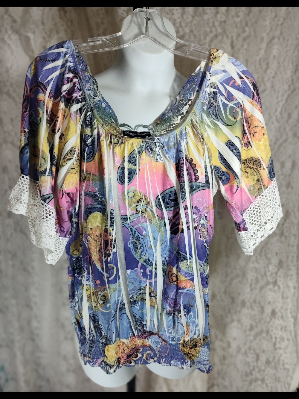 Simply Irresistible Pastel Multi-Color Peasant Blouse with Crochet Trim
